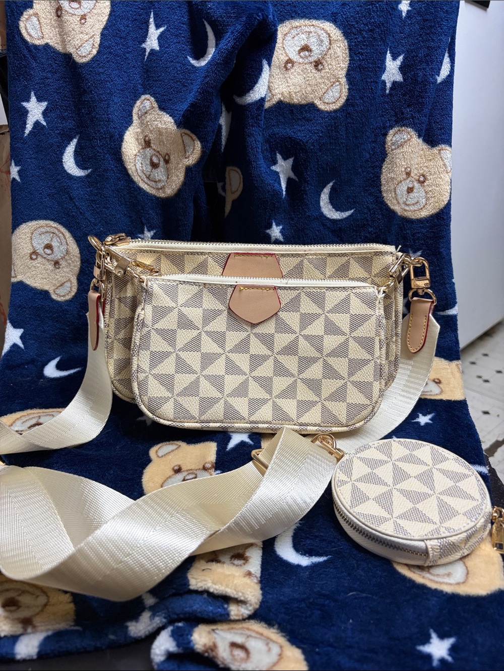 Canvas Geometric Crossbody Bag with Coin Pouch - Beige